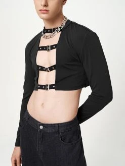 Mens Solid Cutout Long Sleeve Crop T-shirt -Incerun Shop 49184118 4ca4 4ff2 9131 788675913dd6