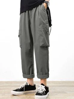 Mens Solid Pocket Drawstring Waist Casual Pants