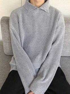 Mens Lapel Solid Color Pullover Knitting Sweater -Incerun Shop 4a8684a5 c190 4134 bb4f 3742e6b21b4d