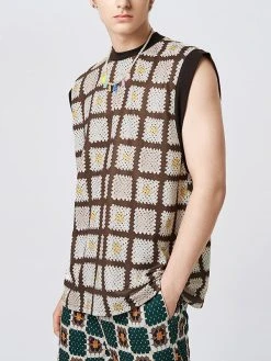 Mens Floral Grid Print Crew Neck Sleeveless Tank