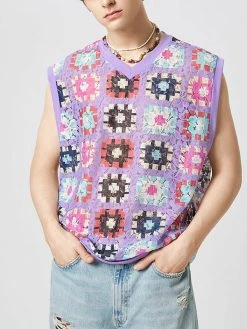 Mens Lace Windowpane Pattern V-Neck Sleeveless Vest