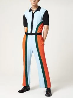 Mens Multicolor Patchwork Short Sleeve Lapel Jumpsuit