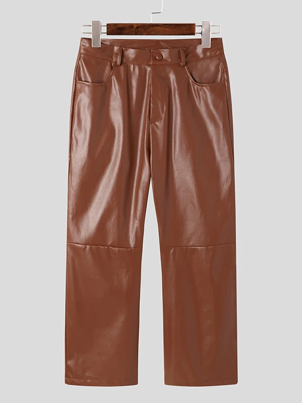 Men High Waist Leather Straight Leg Pants 6 Men High Waist Leather Straight Leg Pants - Image 4