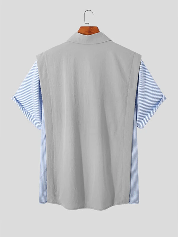 Mens Striped Patchwork Fake Two-Piece Shirt 6 Mens Striped Patchwork Fake Two-Piece Shirt - Image 4