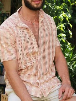 Mens Striped Mesh See Through Short Sleeve Shirt