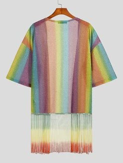 Men Glitter Rainbow Stripe Printed Fringe Cardigan -Incerun Shop 4d73c1b8 7b40 4d2f 981b 947044551093