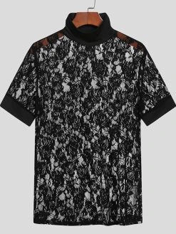 Mens Floral Lace See Through High Neck Short Sleeve T-Shirt -Incerun Shop 4f851df8 9e60 49b4 af44 a037de236bfd