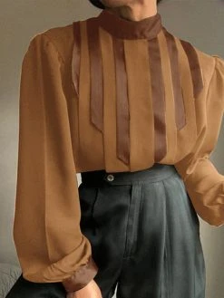 Men Pleated High Neck Long Sleeve Shirt