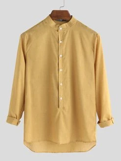 Mens Chinese Style Solid Color Half Open Long Sleeve Henley Shirts -Incerun Shop 51565df0 b93b 4925 b91c b8d8f40957e5