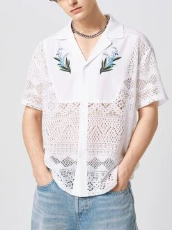 Mens Plant Print Lace Patchwork Casual 100%Cotton Shirt