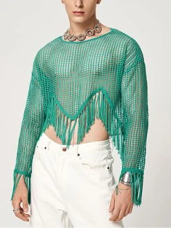 Mens Hollow Out Tassel Hem Long Sleeve Crop T-Shirt
