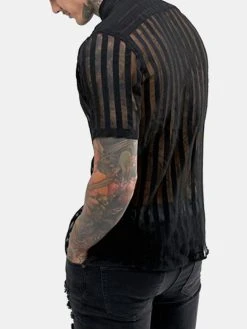 Mens Sexy See-Through Striped Mesh Night Club Party Short Sleeve Shirt -Incerun Shop 5463b0e5 ab16 48e1 8350 2cd4b33eed06