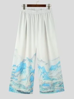 Mens Chinese Style Crane Landscape Print Wide Leg Pants -Incerun Shop 55a14693 08b9 49dc aa3a 319851527fff