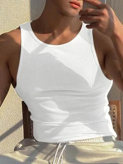 Mens Solid Crew Neck Rib-Knit Sleeveless Tank