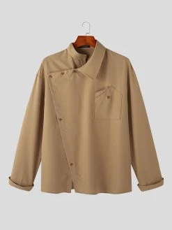Mens Irregular Oblique Button Design Solid Long Sleeve Shirt -Incerun Shop 562fb26d 8703 4a92 9c67 ccc751f0568b
