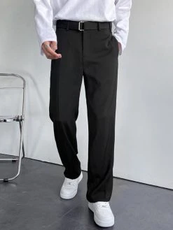 Mens Waist Belt Loose Straight-leg Pants
