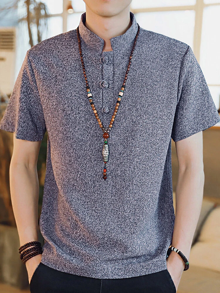 Men Soild Chinese Button V-neck Short Sleeve Henley Shirt 3 Men Soild Chinese Button V-neck Short Sleeve Henley Shirt