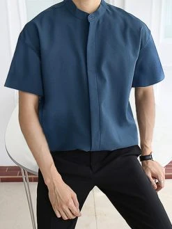 Men's Stand-up Collar Ice Silk Long-sleeved Shirts