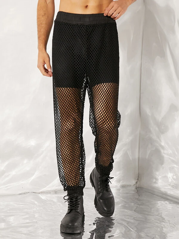 Men See Through Mesh Elastic Waist Drawstring Pants 3 Men See Through Mesh Elastic Waist Drawstring Pants