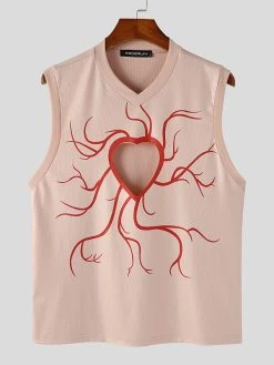 Mens Heart Print Cutout V-Neck Rib-Knit Sleeveless Tank -Incerun Shop 5740a7bf 7cf5 4989 a7d6 14106fceb8be