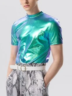 Mens Ombre Metallic Half-Collar Short Sleeve T-Shirt