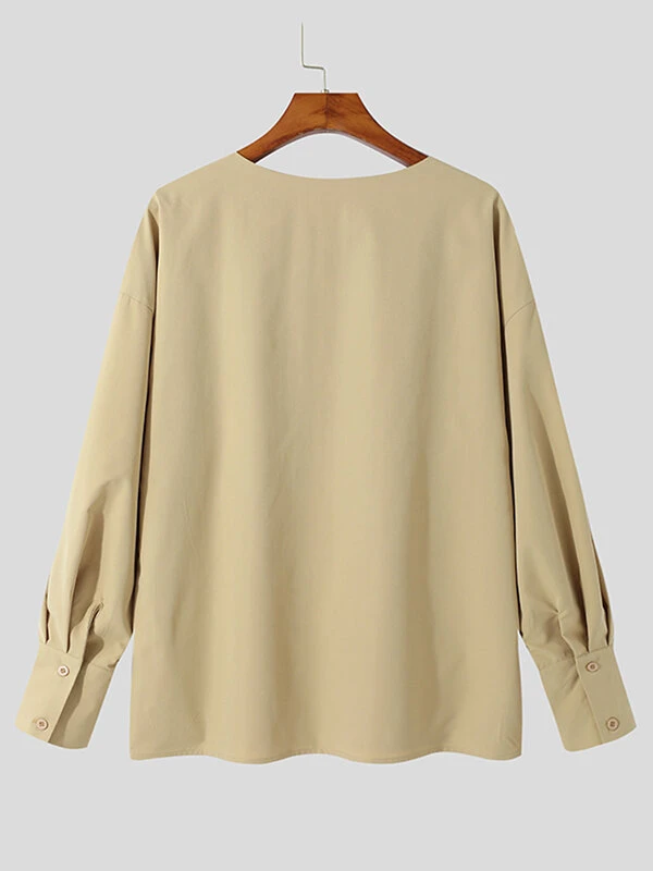 Mens One-Line Neck Pocket Loose Shirt 14 Mens One-Line Neck Pocket Loose Shirt - Image 12