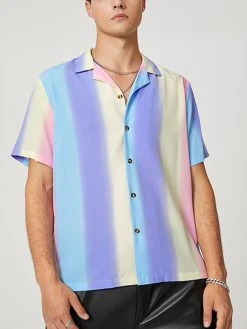 Men Rainbow Striped Print Short-sleeved Shirt -Incerun Shop 5930639a 02b4 4f94 b562 7f4e2a9e9354