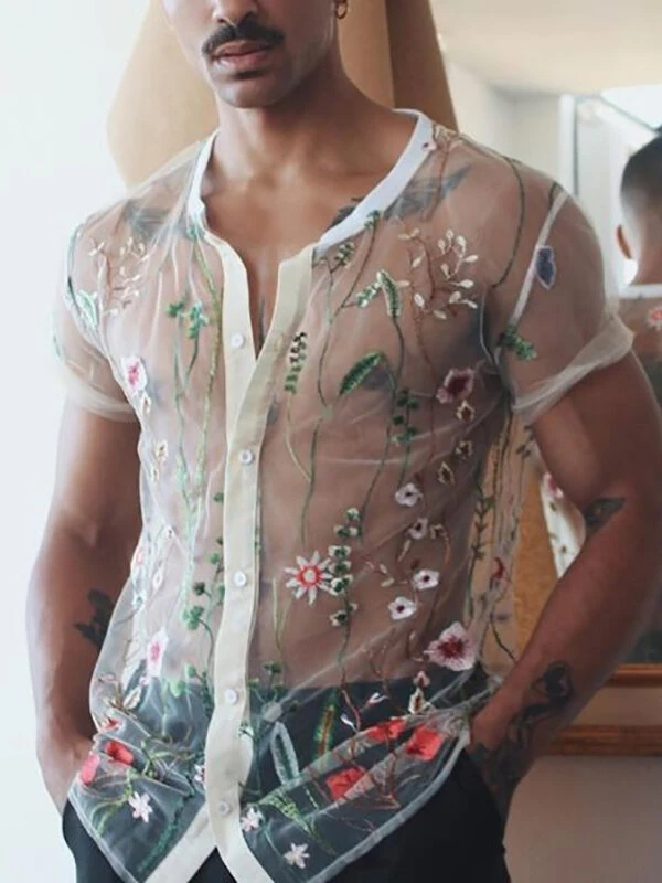 Men Plant Floral Embroidery Thin See Through Fashion Shirt 4 Men Plant Floral Embroidery Thin See Through Fashion Shirt - Image 2