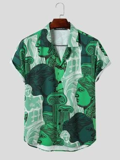 Mens Figure Statue Print Revere Collar Short Sleeve Shirt -Incerun Shop 5b9f46c5 b79d 4a52 a3e1 a6435ff745c3