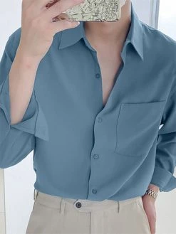 Mens Solid Chest Pocket Casual Long Sleeve Shirt