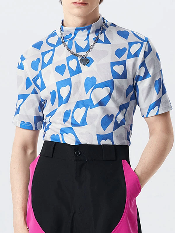 Mens Heart Graphic Half-Collar Short Sleeve T-Shirt 4 Mens Heart Graphic Half-Collar Short Sleeve T-Shirt - Image 2