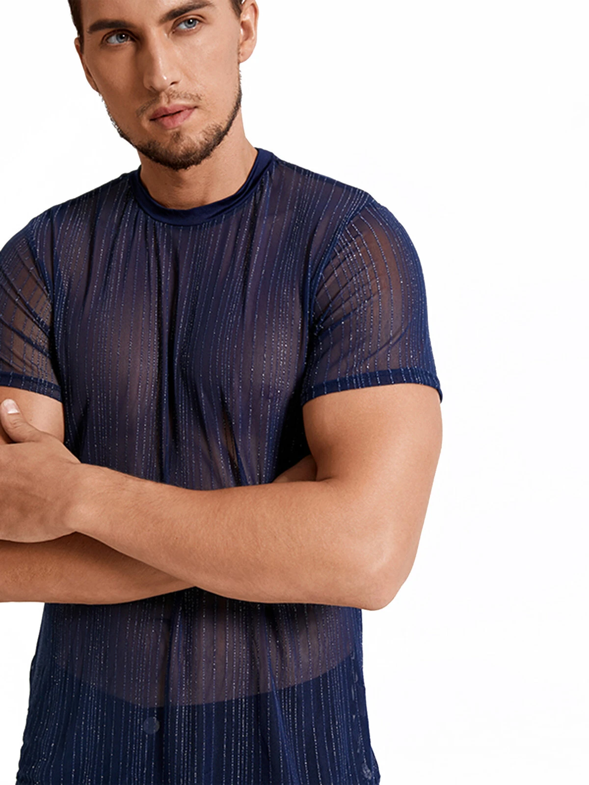 Mens Striped Mesh See Through T-Shirt 6 Mens Striped Mesh See Through T-Shirt - Image 4