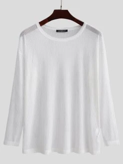 Mens Pleated Mesh Striped Long Sleeve T-Shirts -Incerun Shop 5d2f70b0 913c 469d 8286 4c06f0ad269d