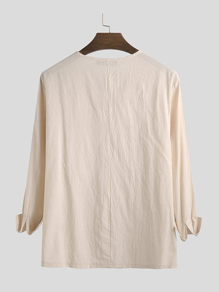 Mens 100% Cotton Pure Color Loose Lace Up Long Sleeve T-Shirts 4 Mens 100% Cotton Pure Color Loose Lace Up Long Sleeve T-Shirts - Image 2