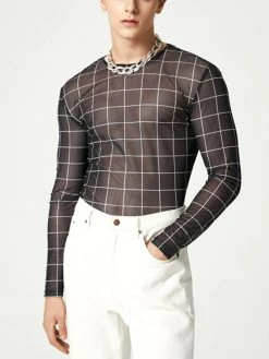 Mens Plaid Mesh See Through Long Sleeve T-shirt