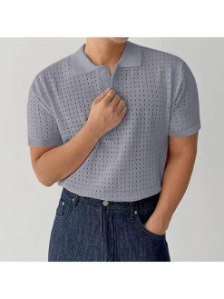 Mens Pointelle Solid Short Sleeve Shirt -Incerun Shop 5f678eb7 8851 4601 aa3c d6a6865078c8