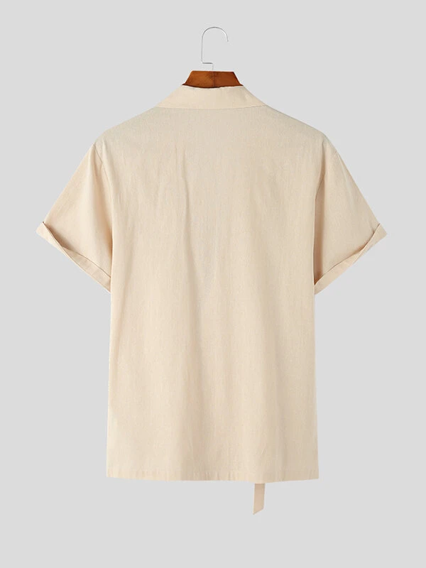 Mens Solid Lapel Tie Side 100%Cotton Short Sleeve Shirt 7 Mens Solid Lapel Tie Side 100%Cotton Short Sleeve Shirt - Image 5