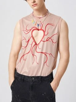 Mens Heart Print Cutout V-Neck Rib-Knit Sleeveless Tank