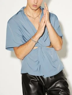 Mens Tie Front Knot Cut Out Shirt