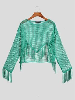 Mens Hollow Out Tassel Hem Long Sleeve Crop T-Shirt -Incerun Shop 5fdef758 7993 4960 98f6 4589633bba99