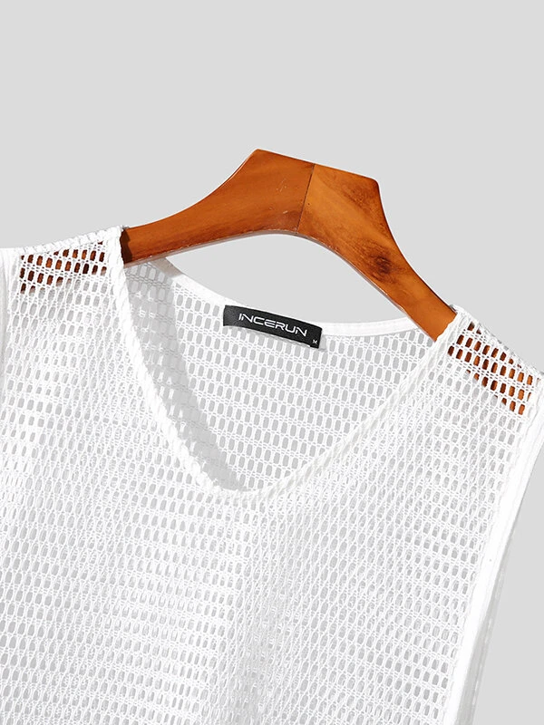 Mens Fishnet Side Split Tie V-Neck Sleeveless Tank 7 Mens Fishnet Side Split Tie V-Neck Sleeveless Tank - Image 5