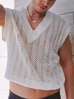 Mens Knit Hollow V-Neck Loose Sleeveless Tank