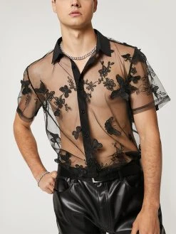 Mens Butterfly Mesh See Through Lapel Shirt -Incerun Shop 610046ca cea9 430f a66a 75a5b7fc1779
