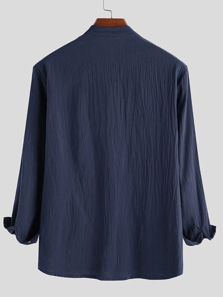 Mens Solid Stand Collar Button Long Sleeve Shirt 4 Mens Solid Stand Collar Button Long Sleeve Shirt - Image 2