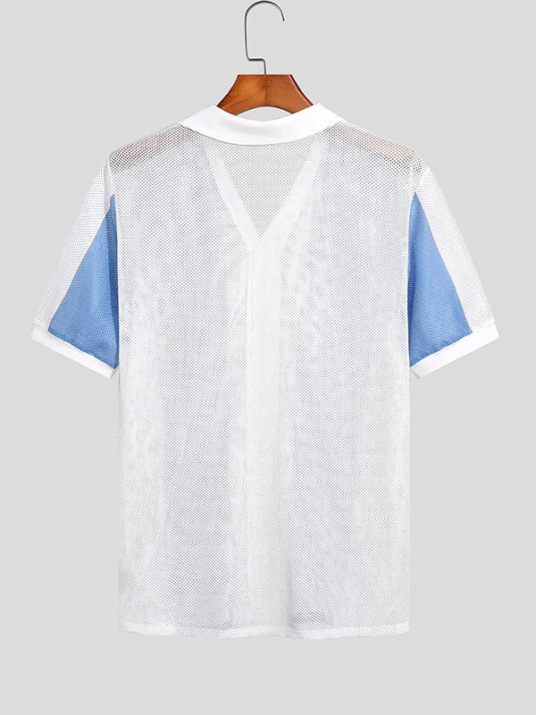 Mens Mesh Color Block Patchwork Revere Collar Short Sleeve Shirt 6 Mens Mesh Color Block Patchwork Revere Collar Short Sleeve Shirt - Image 4