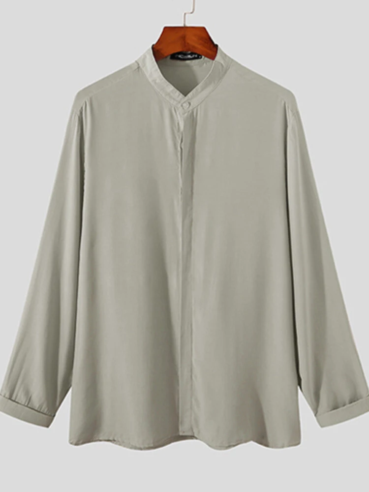 Men Stand-up Collar Silky Solid Color Shirt 5 Men Stand-up Collar Silky Solid Color Shirt - Image 3