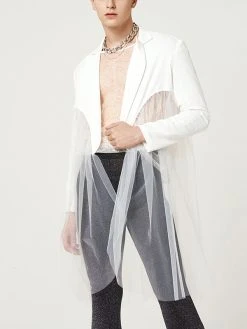 Mens See Through Mesh Patchwork Lapel Long Sleeve Blazer