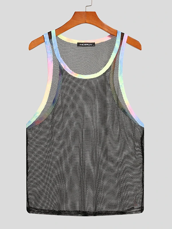 Mens Mesh See Through Tie Dye Trim Sleeveless Tank 6 Mens Mesh See Through Tie Dye Trim Sleeveless Tank - Image 4