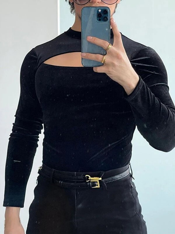 Mens Solid Cutout Long Sleeve T-shirt 3 Mens Solid Cutout Long Sleeve T-shirt