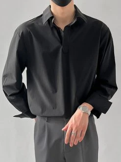 Mens Solid Lapel Long Sleeve Loose Shirt